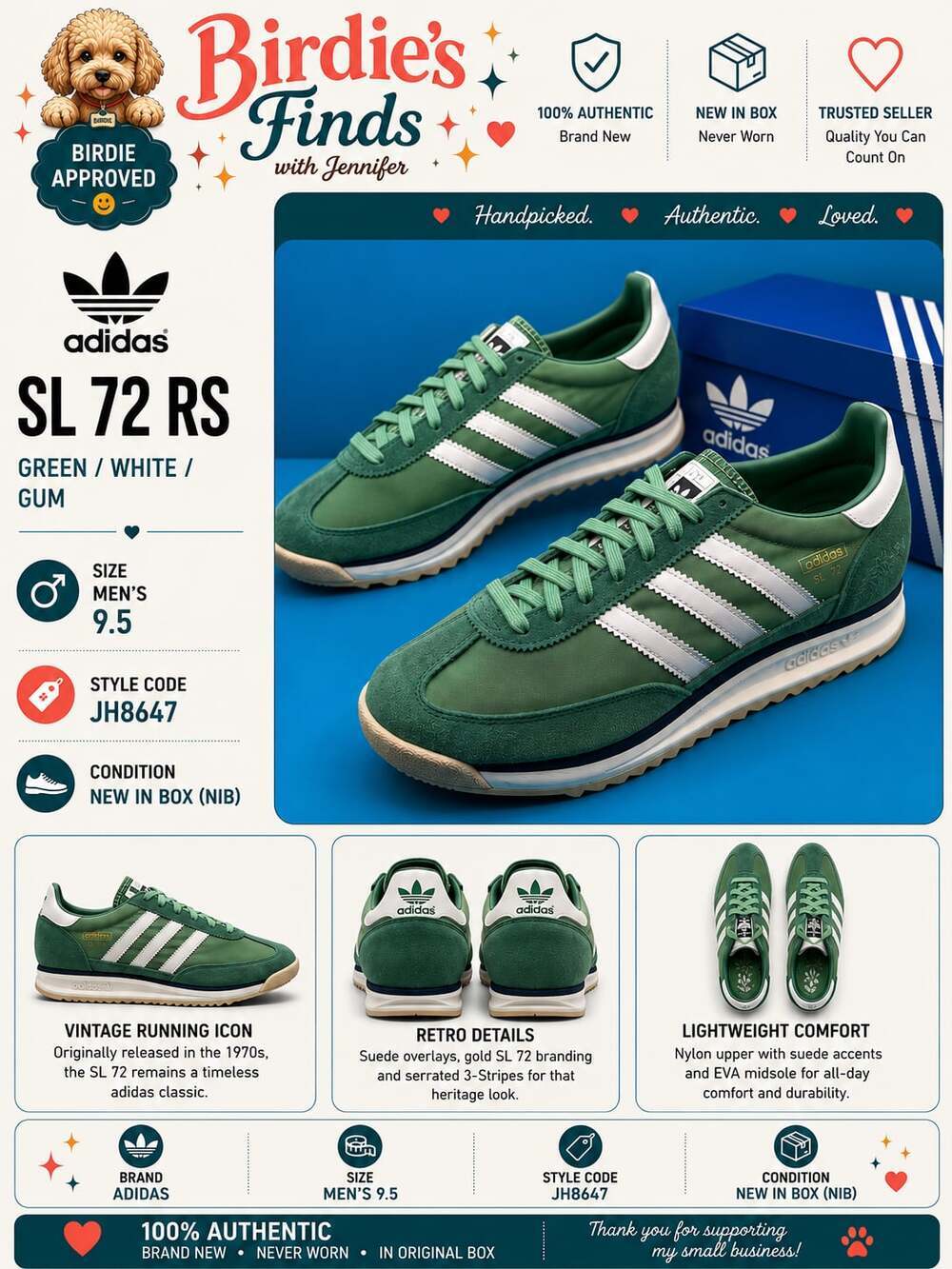 Adidas SL 72 OG Green White Sneakers Size 9.5